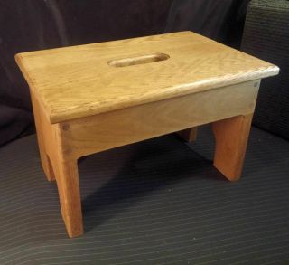 Vintage Solid Oak Foot / Step Stool = Brutally Strong = Cut Out Handle 10 " Tall