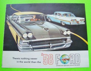 1958 Ford Color Folder Brochure Fairlane Retractable Skyliner Wagons T - Bird Xlnt