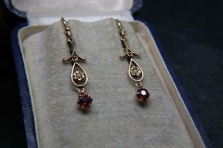 Lovely Antique Edwardian 9ct Gold Garnet & Seed Pearl Earrings