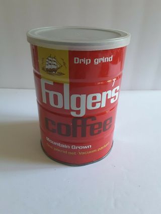 Vtg Folgers Coffee Metal Can Drip Grind 1 Lb Mountain Grown With Sailing Ship