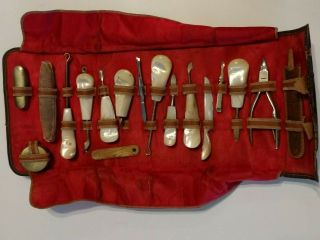 Antique Grooming Sewing Etc.  Set Mother Of Pearl Tools Embossed Case Bassett Usa