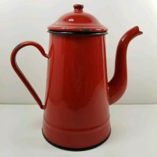 Vintage French Enameled Metal Coffee Pot Farmhouse Decor Red