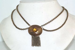Antique Art Nouveau Citrine Glass Brass Tassel Pendant Necklace