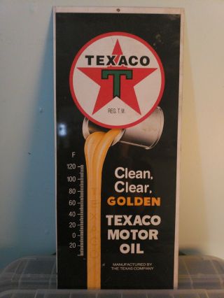 Vintage Texaco Motor Oil Thermometer Clear Gold Metal Sign