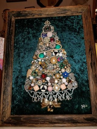 Vintage Jewelry Art Christmas Tree,  Signed,  & Framed 18x14in