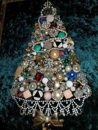 Vintage Jewelry Art Christmas Tree,  Signed,  & Framed 18x14in 2