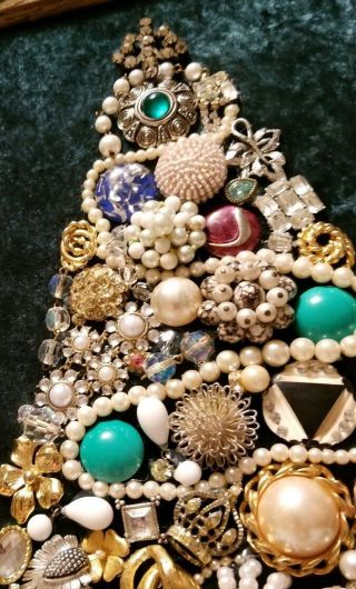 Vintage Jewelry Art Christmas Tree,  Signed,  & Framed 18x14in 3