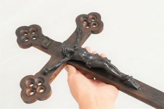 ⭐ Antique French Crucifix 17.  3/4 " Inch,  Carved Wood Cross,  19th Century⭐