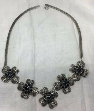 Vintage Sterling Silver Marcasite Black Onyx Necklace