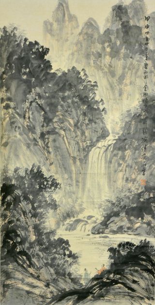 Vintage Chinese Watercolor Mountain Wall Hanging Scroll Painting - Fu Baoshi