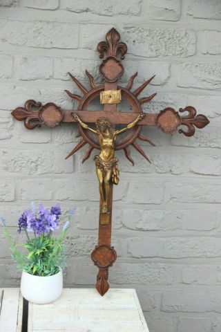 Xl Antique French Religious Neo Gothic Wood Carved Crucifix Fleur De Lys