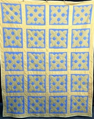 Vintage Yellow / Blue Appliqued Quilt Hand Quilted 67 " X 84 "