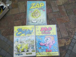 (3) Vintage Comic Books,  1967,  Zap Comics No.  0,  No.  1,  & No.  2; Adult Only