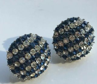 Vintage Crown Trifari Blue Rhinestone Silver Tone Clip On Earrings