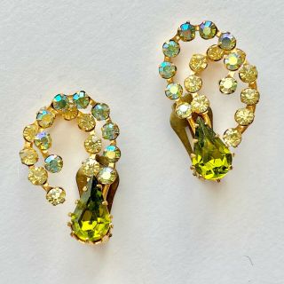 Signed Made Austria Vintage Peridot Green Ab Rhinestone Crystal Clip Earring 759