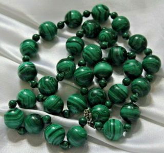 Antique Art Deco Malachite Hand Knotted Beaded Opulent Lovely Necklace Ns3