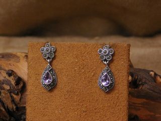 Vintage Sterling Silver Amethyst And Marcasite Post Earrings