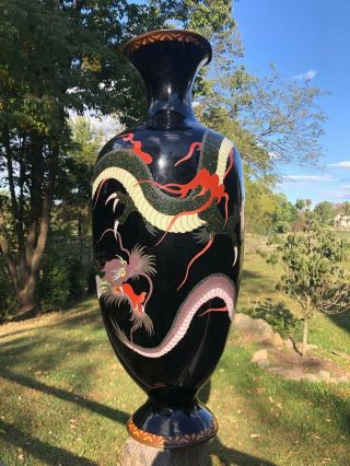 Estate 19th Or 20th Lao Tian Li Three Toed Dragon Black Cloisonne Enamel Vase