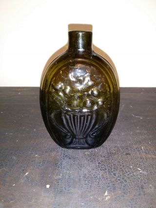 Antique 1/2 Pint Cornucopia Flask Olive Green Glass Pontil C.  19th Century