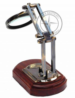 Vintage Movable Desk Top Magnifier Antique Brass & Wood Magnifying Glass