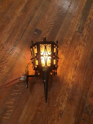 1920s Style Iron Spanish Revival Wall Sconce Lamp Lantern,  Amber Glass,  Gothic