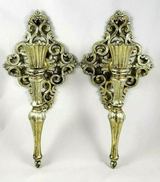 Pair Vintage Ornate Gold Wall Sconces Cast Metal Candle 11 " Rococo Baroque