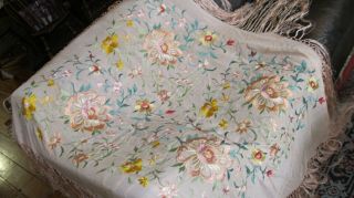Antique Chinese Canton Piano Shawl Pink Silk Embroidered Textile Scarf Pastel