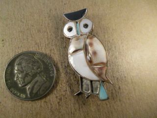 Vintage Sterling Silver & Turquoise/mop/shell Owl Brooch,  Unsigned,  4.  8g