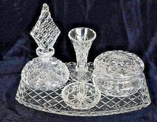 Vintage Retro Cut Crystal Dressing Table Set Perfume Bottle With Ring Holder