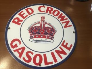 Old Vintage Red Crown Gasoline Porcelain 1 - Sided Convex Sign
