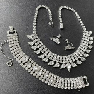 Signed Weiss Vintage Pear Crystal Rhinestone Necklace Bracelet Earrings Set 274