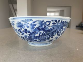 Large Quality Chinese 19th Century Dragons Blue & White Bowl - Kangxi Mark