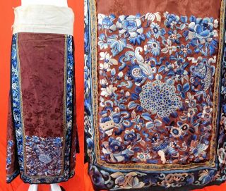 Antique Chinese Brown Silk Blue Flower Forbidden Stitch Embroidery Court Skirt