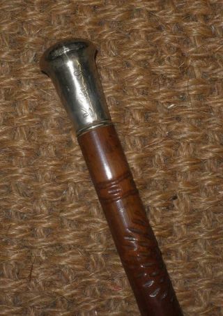 Antique Walking Stick/cane - Hand Carved Shaft With Chased Silver Floral Top