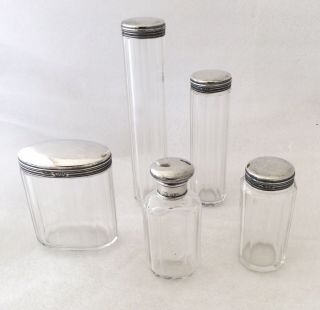5 Antique Silver Topped Glass Dressing Table Jar/bottles - Wolfsky & Co,  1905
