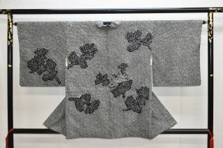 Vintage Silk Kimono Jacket:fully Shibori Black Chrysanthemum@yt14