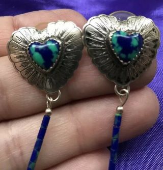 Gorgeous Native American Qt Vintage Sterling Silver & Azurite Heart Earrings