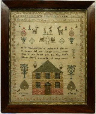 Early 19th Century House,  Motif & Verse Sampler By Martha Bee Aged 16 - C.  1835