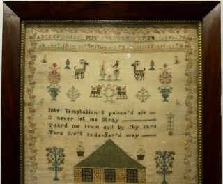 EARLY 19TH CENTURY HOUSE,  MOTIF & VERSE SAMPLER BY MARTHA BEE AGED 16 - c.  1835 2