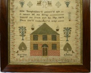 EARLY 19TH CENTURY HOUSE,  MOTIF & VERSE SAMPLER BY MARTHA BEE AGED 16 - c.  1835 3