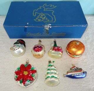 Vintage 7 German Lauscha Glas Creation Christmas Ornaments Orig Box