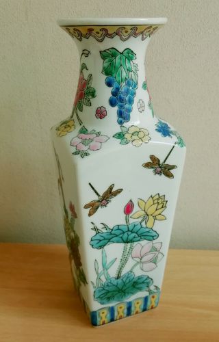 Vintage Chinese Square - Shaped Vase With Hand Painted Floral Motifs