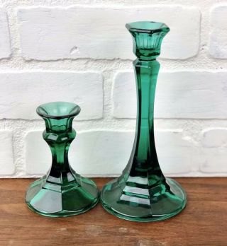 Vintage Emerald Green Glass Taper Candle Stick Holders 2 Variant Sizes Large Sm
