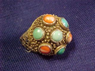 Antique Chinese Export Turquoise Coral Filigree Sterling Silver Adjustable Ring