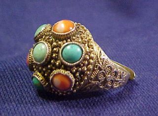 ANTIQUE CHINESE EXPORT TURQUOISE CORAL FILIGREE STERLING SILVER Adjustable RING 2