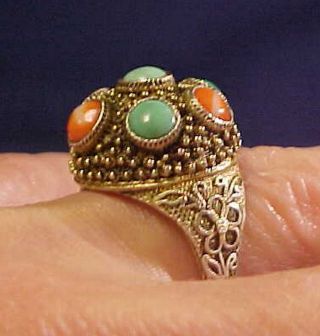 ANTIQUE CHINESE EXPORT TURQUOISE CORAL FILIGREE STERLING SILVER Adjustable RING 3