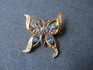 Vintage Color Crystals & Clear Rhinestones Filigree Golden Metal Butterfly Pin