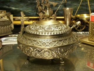 Brass PlateSugar Bowl Richly Ornamented Floral Motif Vintage Antique 2