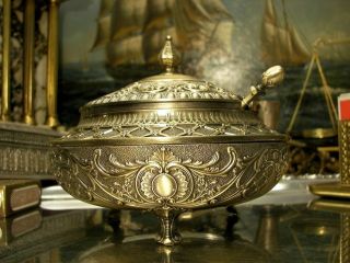 Brass PlateSugar Bowl Richly Ornamented Floral Motif Vintage Antique 3