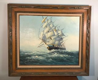 Vintage Framed Oil Painting On Canvas Seascape Maritime Boat Signed Wallace